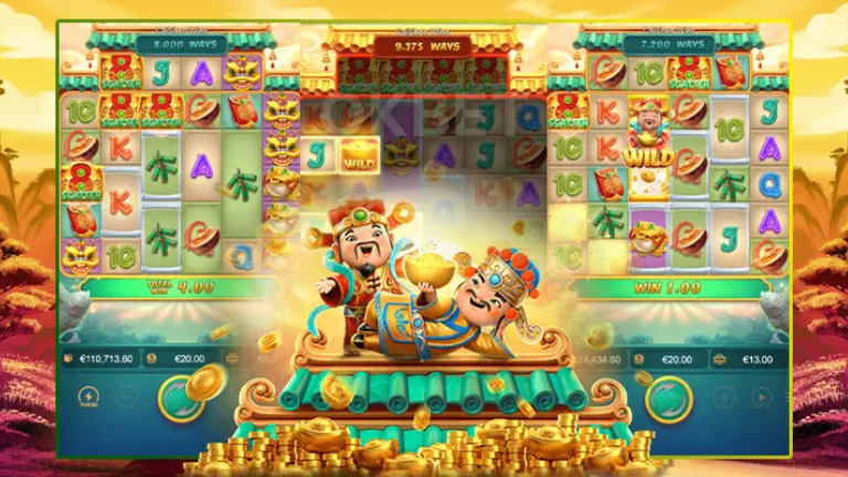 "Cai Shen Wins slot by PG Soft featuring vibrant Chinese symbols, cascading reels, and the God of Wealth for big rewards."

